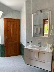 a bathroom with a sink and a mirror and a door at Landhaus Rossatz in Rossatz +29 photos