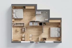 a rendering of a small apartment floor plan at Ferienwohnung Thurbruch in Zirchow +14 photos