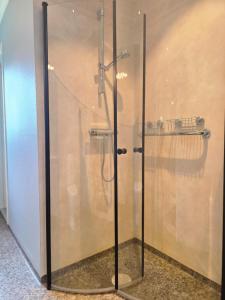 a shower with a glass door in a room at Villa Älvskogen in Vidsel +33 photos
