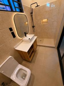 a bathroom with a toilet and a sink and a mirror at Cozynest nungwi in Nungwi +5 photos