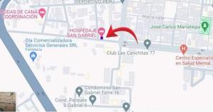 a map of a city with a red arrow at HOTEL SAN GABRIEL cerca AL CENTRO DE CHICLAYO in Chiclayo