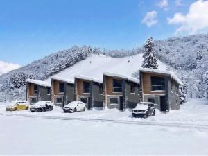 a house with cars parked in the snow at STARRY The Garden Hakuba Iwatake in Hakuba