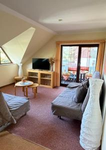 a living room with a couch and a tv at Haus Oberwiesenthal in Kurort Oberwiesenthal