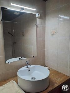 a bathroom with a sink and a mirror at Moulin de Record in Ferrières