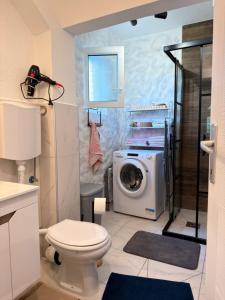 a bathroom with a toilet and a washing machine at Kuca za odmor SONATA in Biserske Kuće