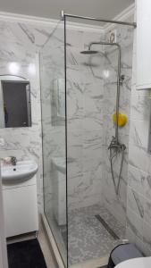 ein Badezimmer mit Dusche, Toilette und Waschbecken in der Unterkunft The Pristine Elegance in Chişinău + 13 Fotos