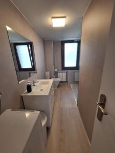 a bathroom with a sink and a toilet and a mirror at Apartamento ARBEA in Ochagavía +8 photos