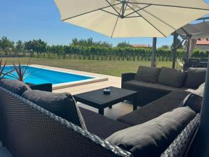 a patio with couches and an umbrella and a pool at Capo House in Gračišče