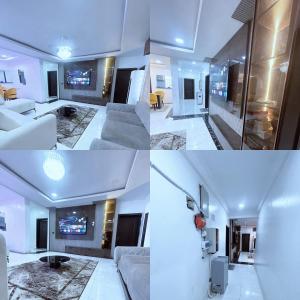 a collage of four pictures of a living room at Jahi Luxe apartment in Gwarinpa