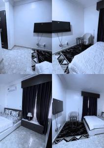 four pictures of a bedroom with a bed and a table at Jahi Luxe apartment in Gwarinpa