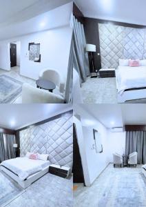 three pictures of a hotel room with two beds at Jahi Luxe apartment in Gwarinpa