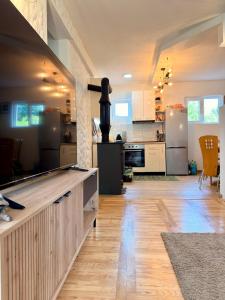 a large kitchen with wooden floors and stainless steel appliances at Kuca za odmor SONATA in Biserske Kuće