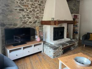 a living room with a fireplace and a television at Sporting Pyrenées House in Vicdessos