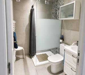 a bathroom with a shower with a toilet and a sink at Entre Mer et Montagnes in Céret +14 photos