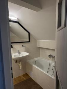 a bathroom with a sink and a bath tub at Apartmán Železná panna in České Budějovice +10 photos