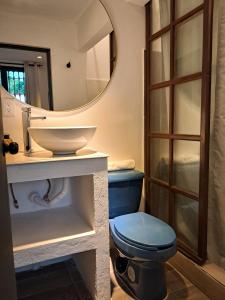 a bathroom with a blue toilet and a mirror at Casa Puerto Siete8 in Mexico City +44 photos