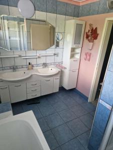 a bathroom with two sinks and a large mirror at Apartma Regrat in Lesce +21 photos