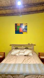 a bedroom with a large bed with a yellow wall at Casa Manuel in Tinogasta