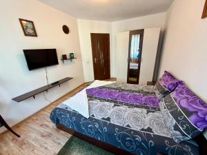 a bedroom with a bed and a flat screen tv at Stejarului Apartment in Floreşti