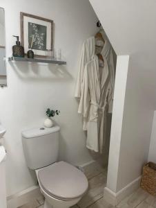 a bathroom with a toilet and a towel hanging on a wall at Breach Lodge in Bonvilston +35 photos