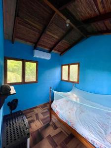 a bedroom with a bed with a blue wall at Jardin Secreto in El Viejo