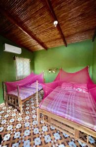 two beds in a room with a green wall at Jardin Secreto in El Viejo