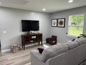 a living room with a couch and a flat screen tv at Cherry Cottage in Lake City
