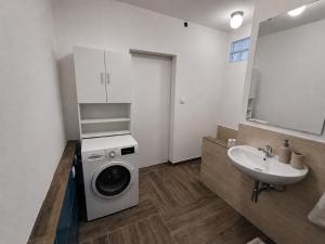 a bathroom with a washing machine and a sink at Apartmán Malohont in Rimavská Sobota