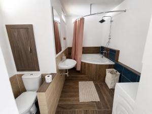 a bathroom with a toilet and a tub and a sink at Apartmán Malohont in Rimavská Sobota