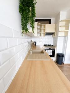 a kitchen with white walls and a sink at Apartmán Malohont in Rimavská Sobota