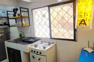 a kitchen with a stove and a sink and a window at Guadalia Living Smr in Santa Marta