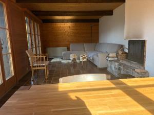 a living room with a couch and a fireplace at Beautiful chalet with exceptional views, very quiet in Gryon