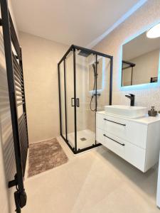 a bathroom with a glass shower and a sink at Anna Lakeside Apartman in Gárdony