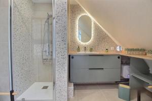a bathroom with a shower and a sink at Les Gîtes Shu-no in Pléhédel