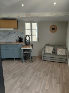 a kitchen and a living room with a couch and a table at Studio le 174 in Mazan +10 photos