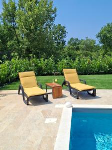 two chairs and a table next to a swimming pool at Vila Mila Private Pool Retreat in Radetići