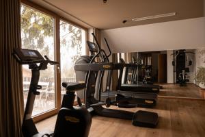 a gym with several exercise bikes in a room with a window at Hotel Cristallo in Solda