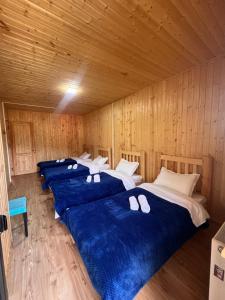 a row of four beds in a wooden room at Alpine Lodge Bakhmaro in Chʼkhakoura