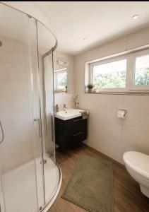 a bathroom with a shower and a sink and a toilet at Haus Antonia in Zams +11 photos