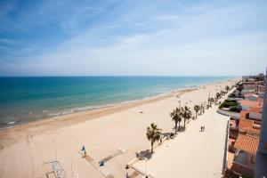 a view of a beach with palm trees and the ocean at Apartamentos Guillem in Playa de Miramar