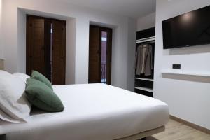 a white bedroom with a bed and a tv at Inkigo Rooms in Jaca