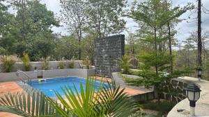 a swimming pool in a garden with a stone wall at StoneHaven 1BHK pvt Pool in Agashi
