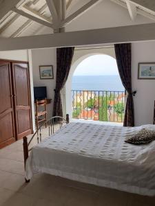 a bedroom with a bed and a large window at Villa Vue Panoramique sur les îles de Lérins in Saint-Raphaël