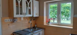 a kitchen with a sink and a window at Zöld Udvar Pihenőház in Jászszentlászló