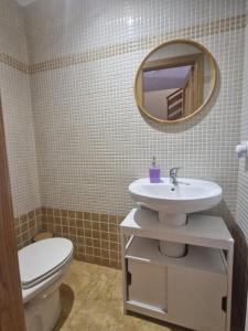 a bathroom with a toilet and a sink and a mirror at Casa Ariño Ruidera in Ruidera +12 photos