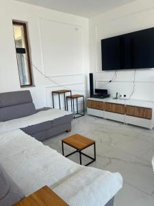 a living room with a couch and a flat screen tv at Villa Jovičić in Prijedor