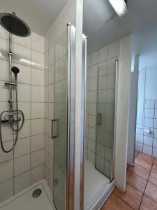 a shower with a glass door in a bathroom at Gästehaus Vienenburg - Monteurzimmer in Goslar