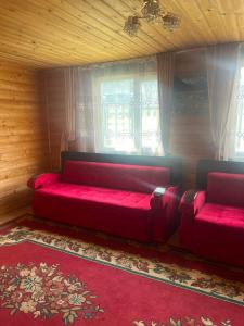 a living room with a red couch and a window at Kolsay Camp House in Kurmenty