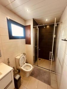 a bathroom with a toilet and a glass shower at LUXIRIOUS Homes in Dar es Salaam