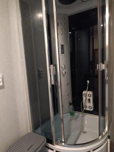 a glass shower in a bathroom with a toilet at Rukiši in Saulkrasti
